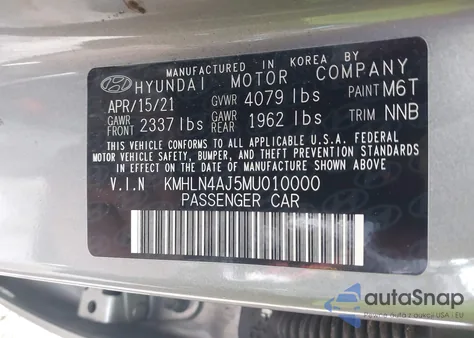 2021 Hyundai Elantra Hybrid Limited z USA, uszkodzony, nr VIN KMHLN4AJ5MU010000